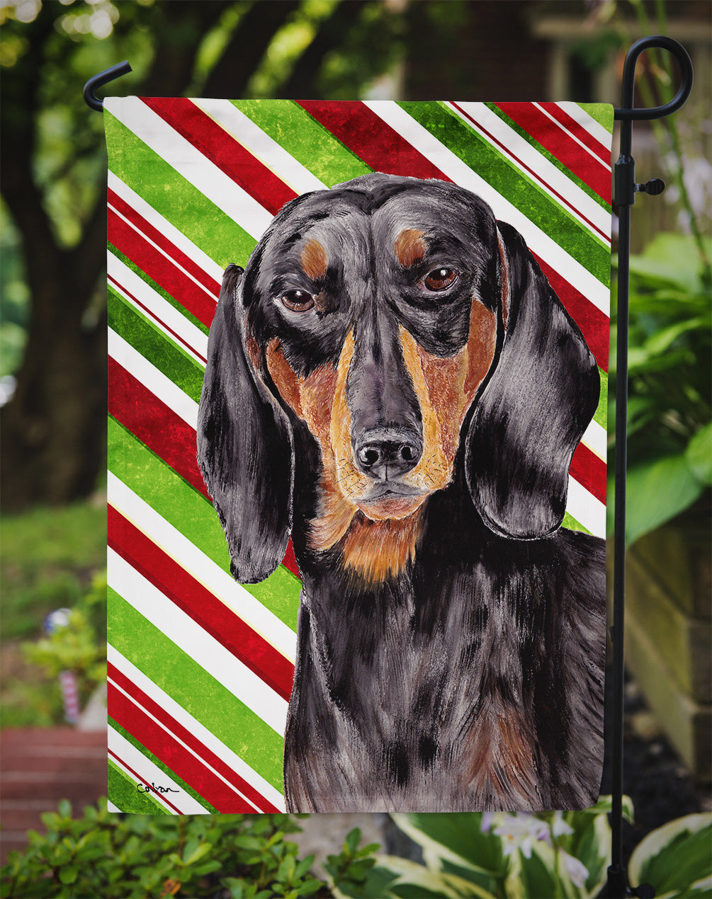 Dachshund Candy Cane Holiday Christmas Garden Flag – Decorative Outdoor Yard Flag