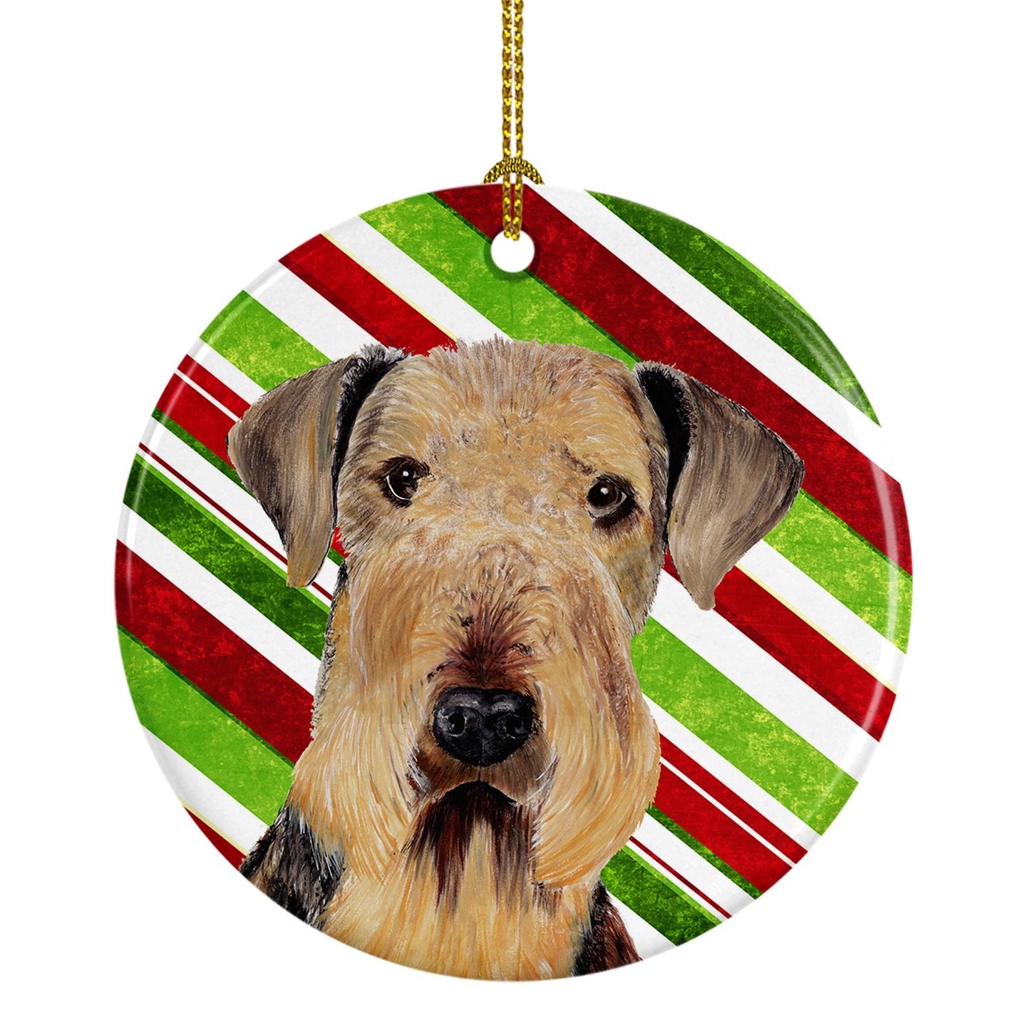 Airedale Candy Cane Holiday Christmas Ornament - Round Ceramic Ornament – Artist-Designed Keepsake Decoration SC9333