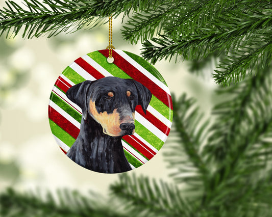 Doberman Candy Cane Holiday Christmas  Ornament - Round Ceramic Ornament – Artist-Designed Keepsake Decoration SC9337