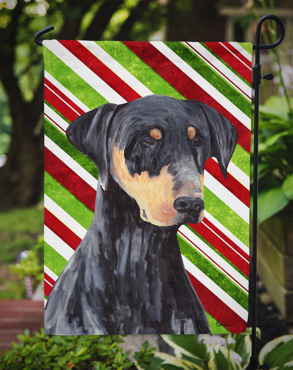 Doberman Candy Cane Holiday Christmas Garden Flag – Decorative Outdoor Yard Flag