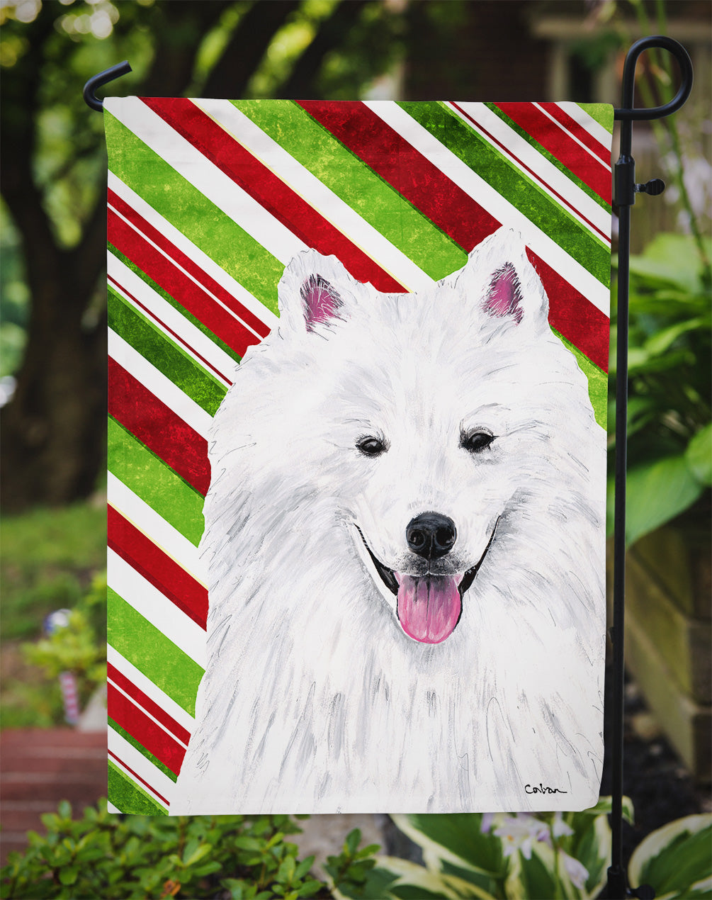 American Eskimo Candy Cane Holiday Christmas Garden Flag – Decorative Outdoor Yard Flag