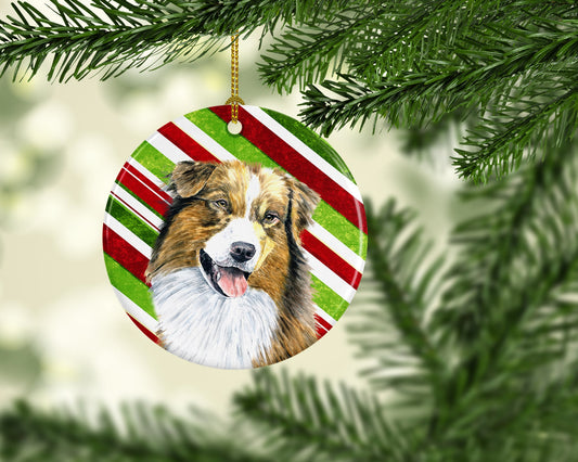 Australian Shepherd Candy Cane Holiday Christmas Ornament - Round Ceramic Ornament – Artist-Designed Keepsake Decoration SC9357