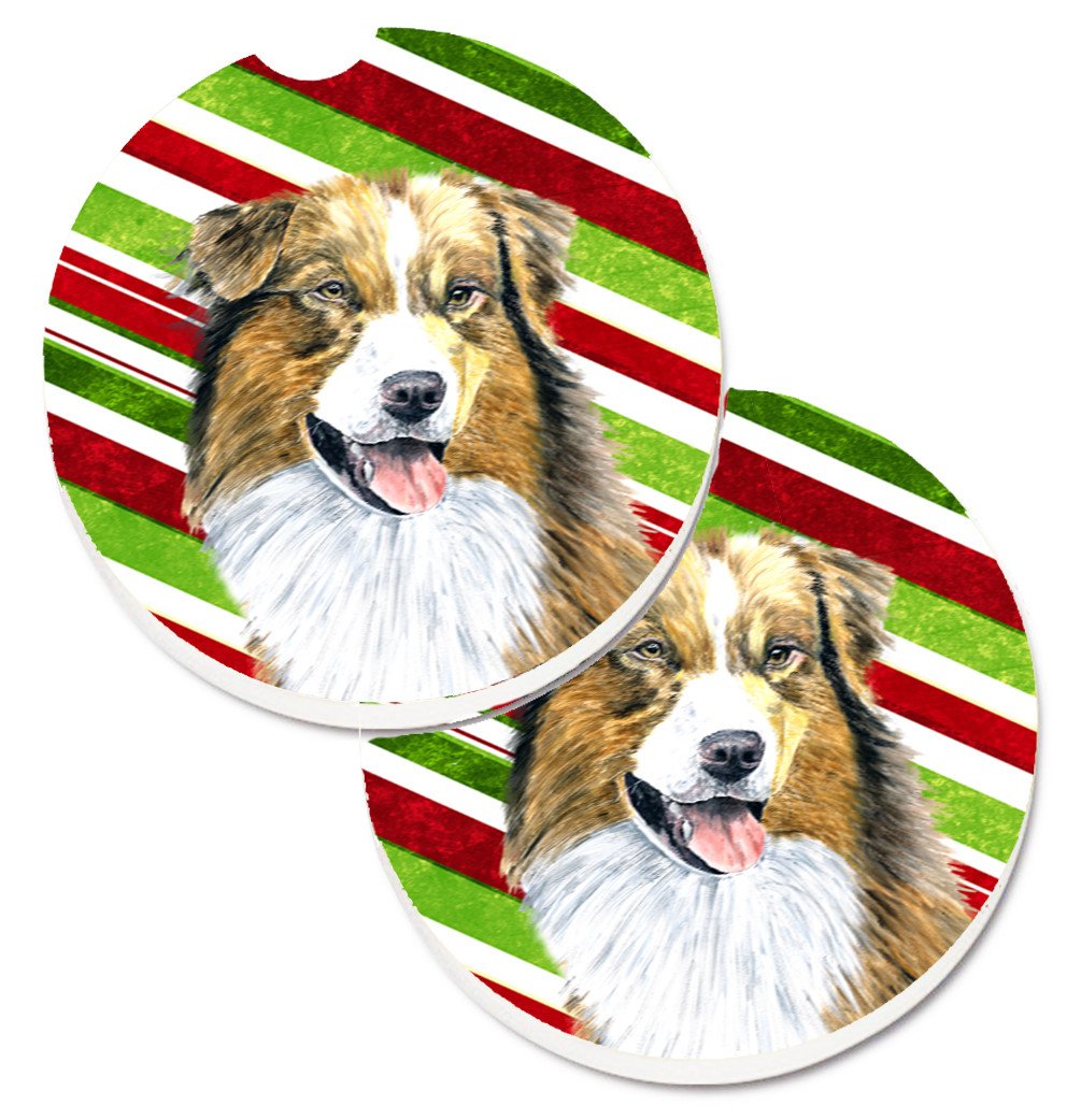 Australian Shepherd Candy Cane Holiday Christmas Car Coasters – Set of 2 - Absorbent Stone with Fun & Functional Artwork SC9357CARC