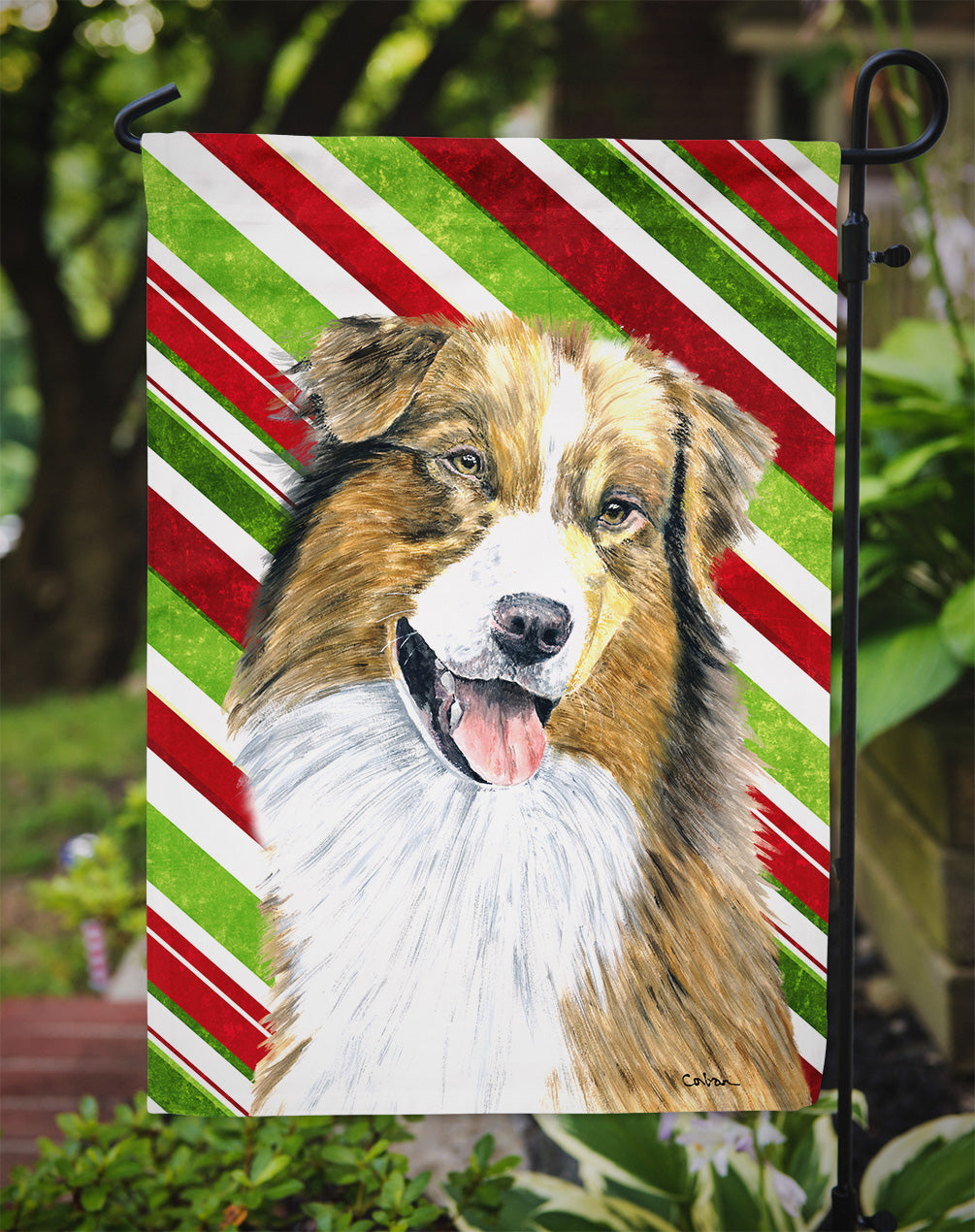 Australian Shepherd Candy Cane Holiday Christmas Garden Flag – Decorative Outdoor Yard Flag