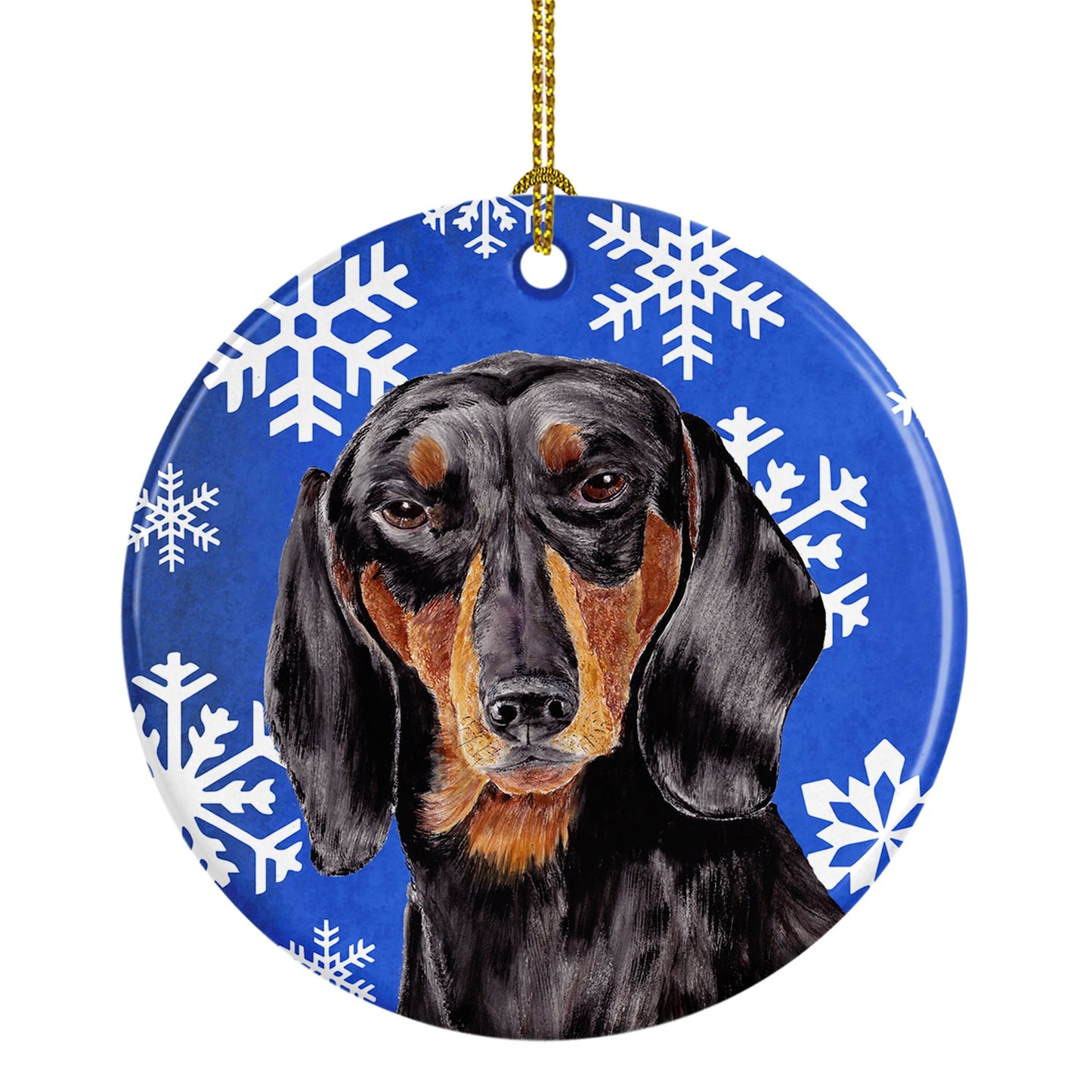 Dachshund Winter Snowflakes Holiday Ornament - Round Ceramic Ornament – Artist-Designed Keepsake Decoration SC9363