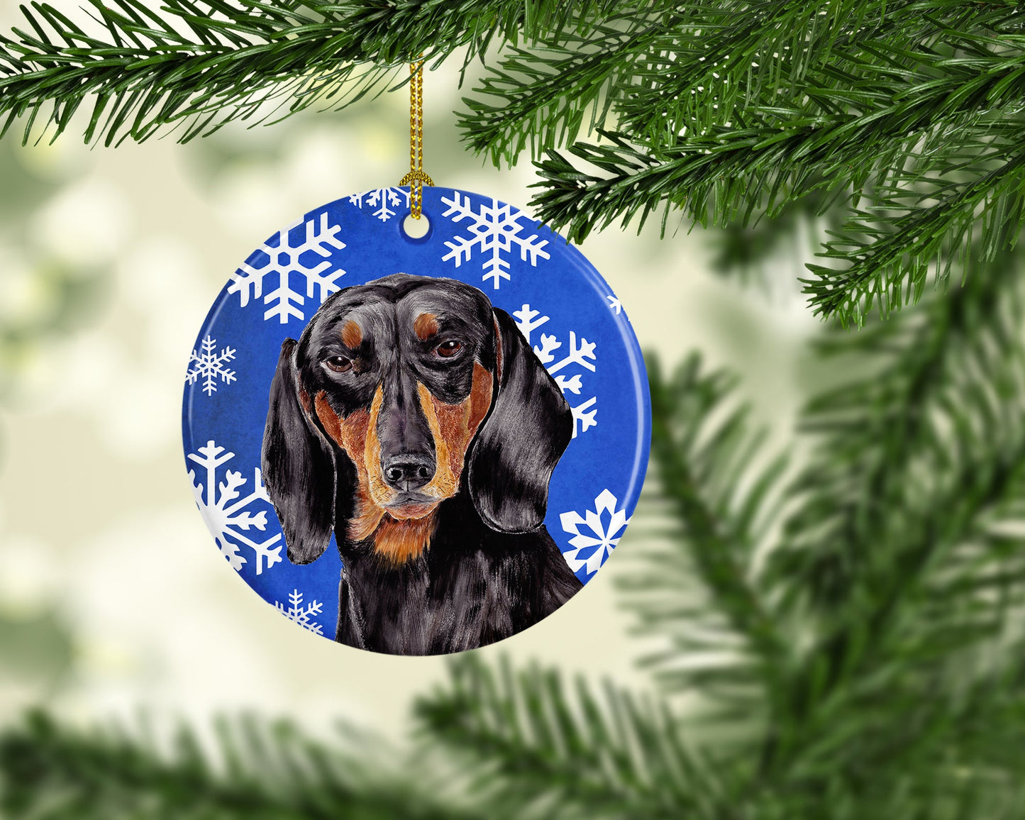 Dachshund Winter Snowflakes Holiday Ornament - Round Ceramic Ornament – Artist-Designed Keepsake Decoration SC9363