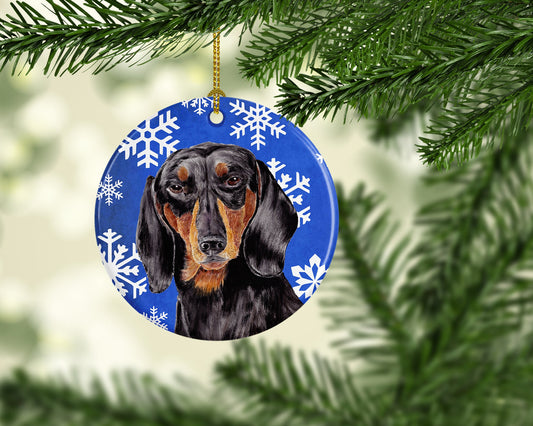 Dachshund Winter Snowflakes Holiday Ornament - Round Ceramic Ornament – Artist-Designed Keepsake Decoration SC9363