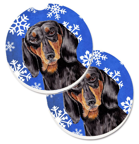 Dachshund Winter Snowflakes Holiday Car Coasters – Set of 2 - Absorbent Stone with Fun & Functional Artwork SC9363CARC