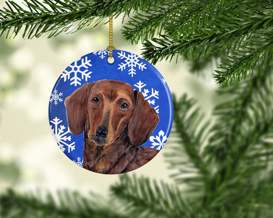Dachshund Winter Snowflakes Holiday Ornament - Round Ceramic Ornament – Artist-Designed Keepsake Decoration SC9368