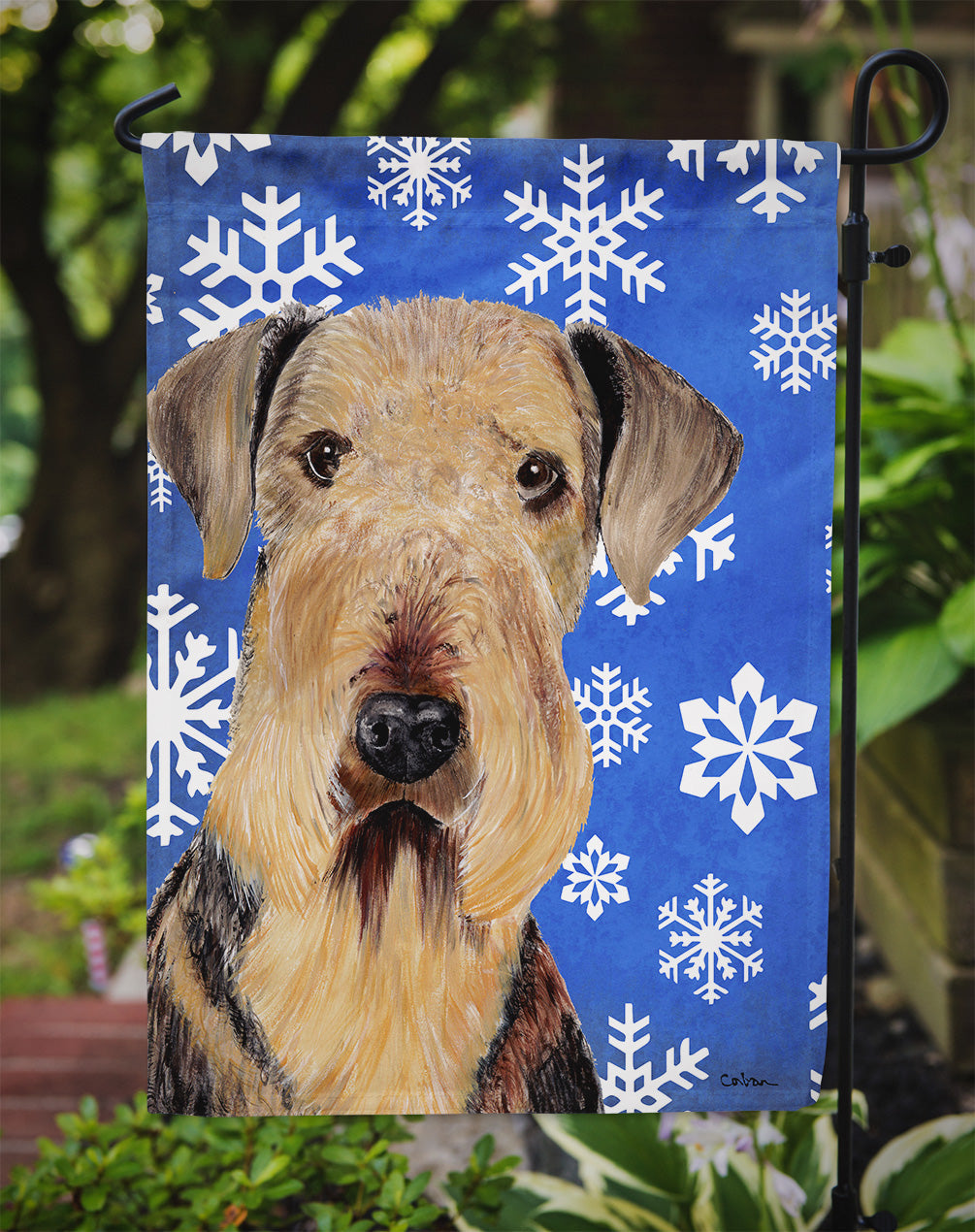 Airedale Winter Snowflakes Holiday Garden Flag – Decorative Outdoor Yard Flag