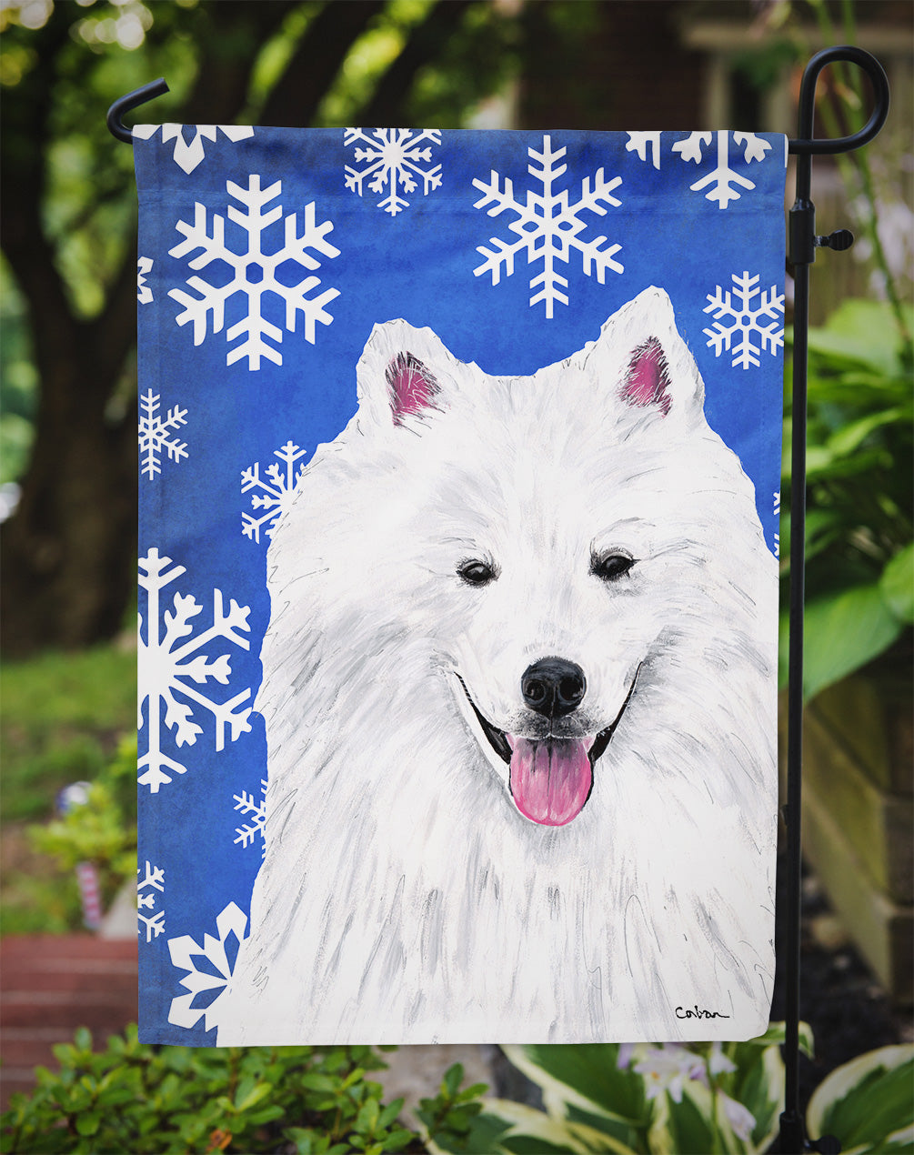 American Eskimo Winter Snowflakes Holiday Garden Flag – Decorative Outdoor Yard Flag