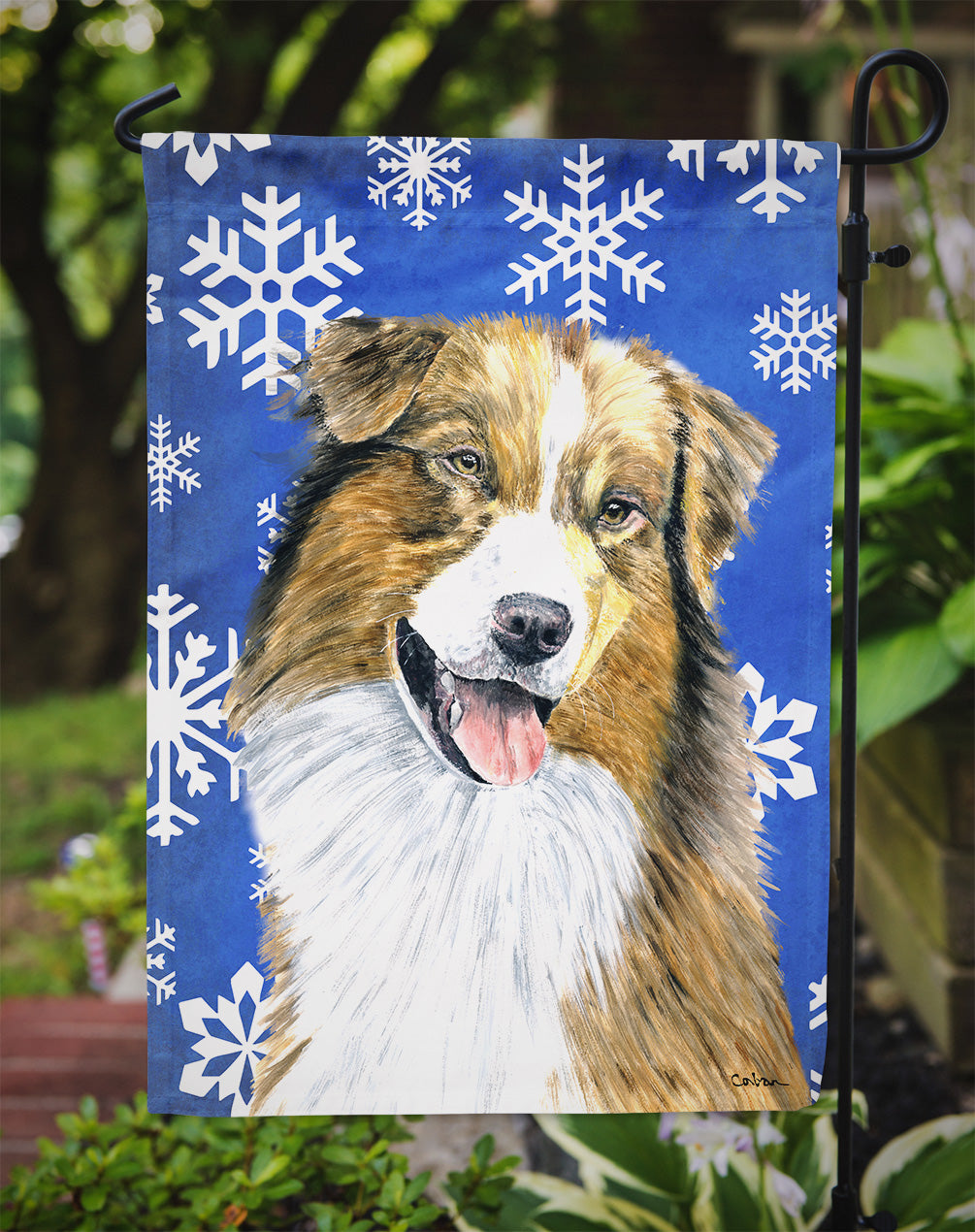 Australian Shepherd Winter Snowflakes Holiday Garden Flag – Decorative Outdoor Yard Flag