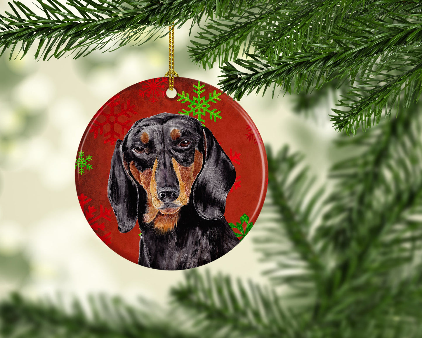 Dachshund Red Snowflakes Holiday Christmas Ornament - Round Ceramic Ornament – Artist-Designed Keepsake Decoration SC9403
