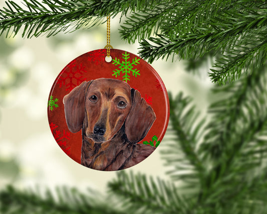 Dachshund Red Snowflakes Holiday Christmas Ornament - Round Ceramic Ornament – Artist-Designed Keepsake Decoration SC9408