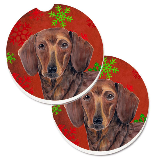 Dachshund Red and Green Snowflakes Holiday Christmas Car Coasters – Set of 2 - Absorbent Stone with Fun & Functional Artwork SC9408CARC