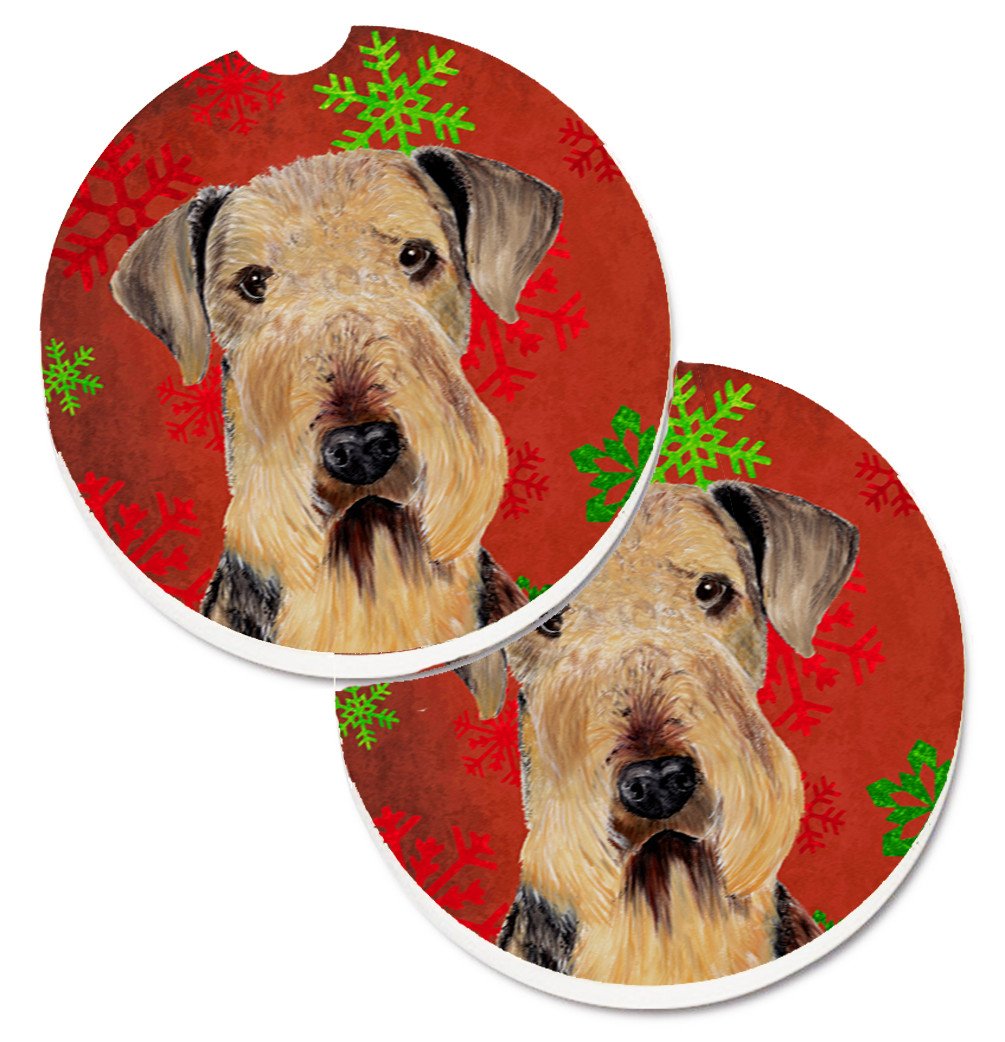 Airedale Red and Green Snowflakes Holiday Christmas Car Coasters – Set of 2 - Absorbent Stone with Fun & Functional Artwork SC9413CARC