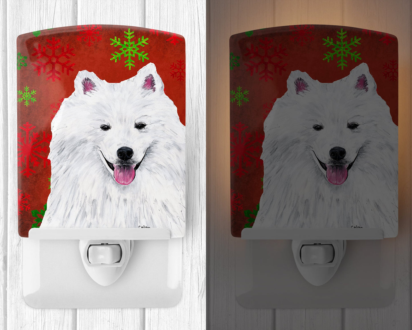 American Eskimo Red and Green Snowflakes Holiday Christmas Ceramic Night Light SC9419CNL