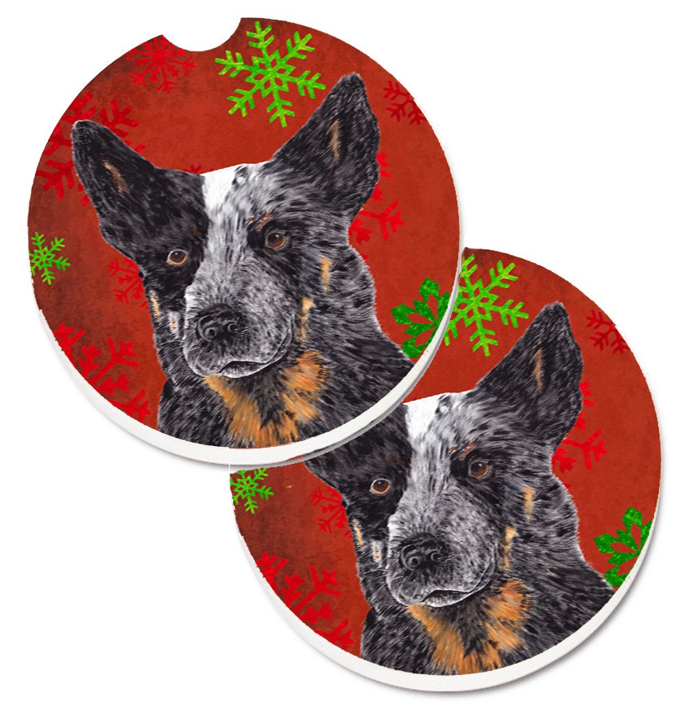 Australian Cattle Dog Red Green Snowflakes Christmas Car Coasters – Set of 2 - Absorbent Stone with Fun & Functional Artwork SC9436CARC