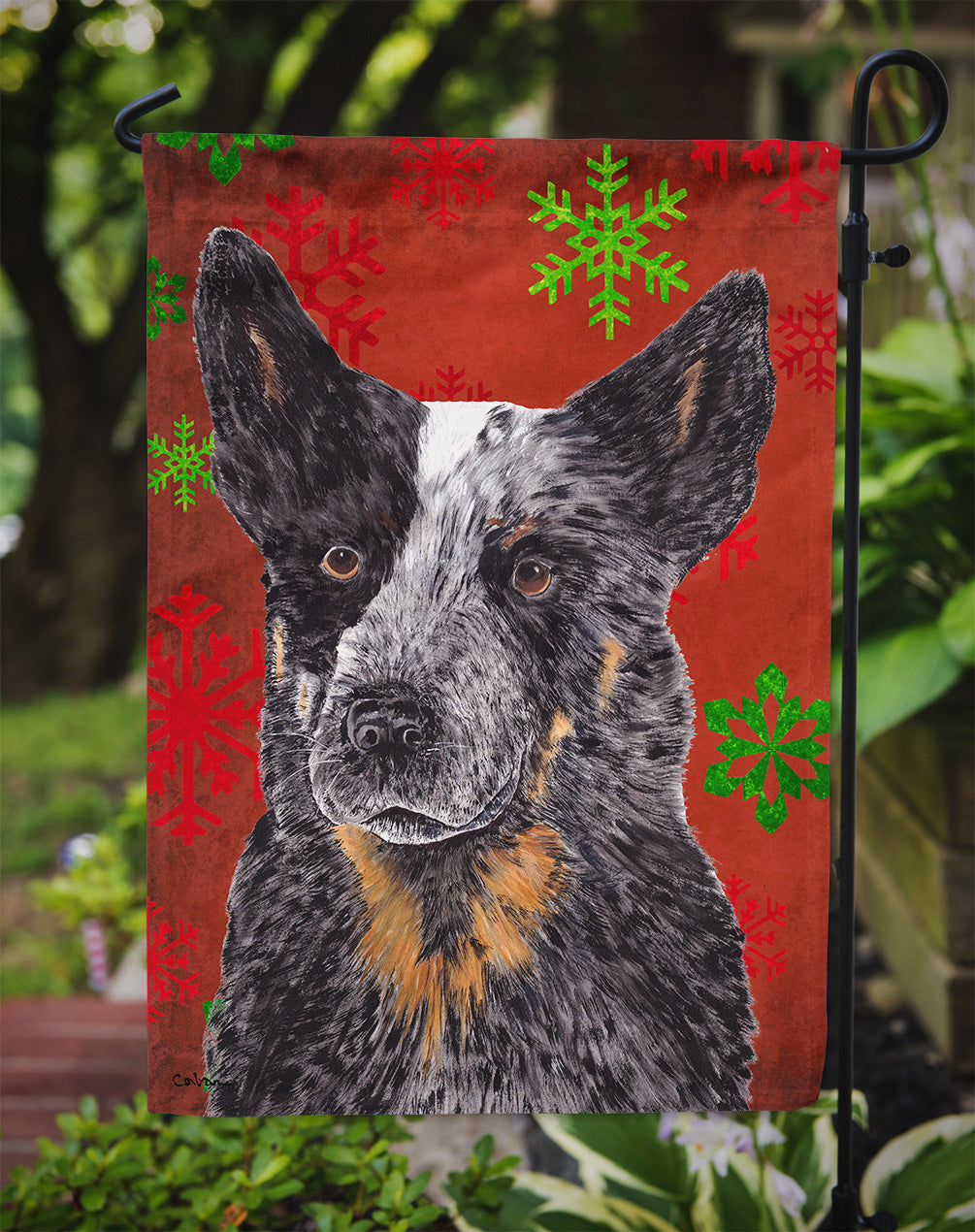 Australian Cattle Dog Red Green Snowflakes Christmas Garden Flag – Decorative Outdoor Yard Flag