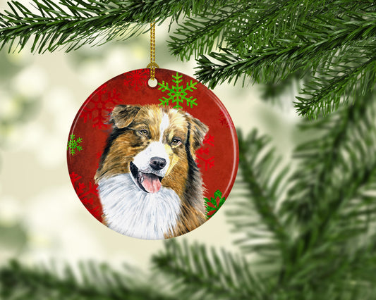 Australian Shepherd Red Snowflakes Holiday Christmas Ornament - Round Ceramic Ornament – Artist-Designed Keepsake Decoration SC9437