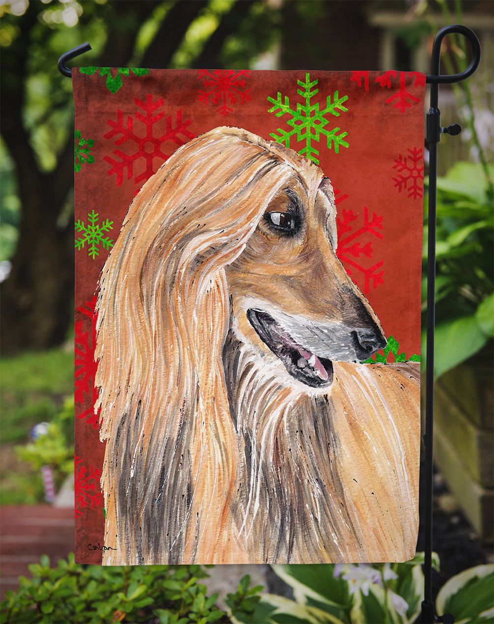 Afghan Hound Red Snowflakes Holiday Christmas  Garden Flag – Decorative Outdoor Yard Flag SC9501GF
