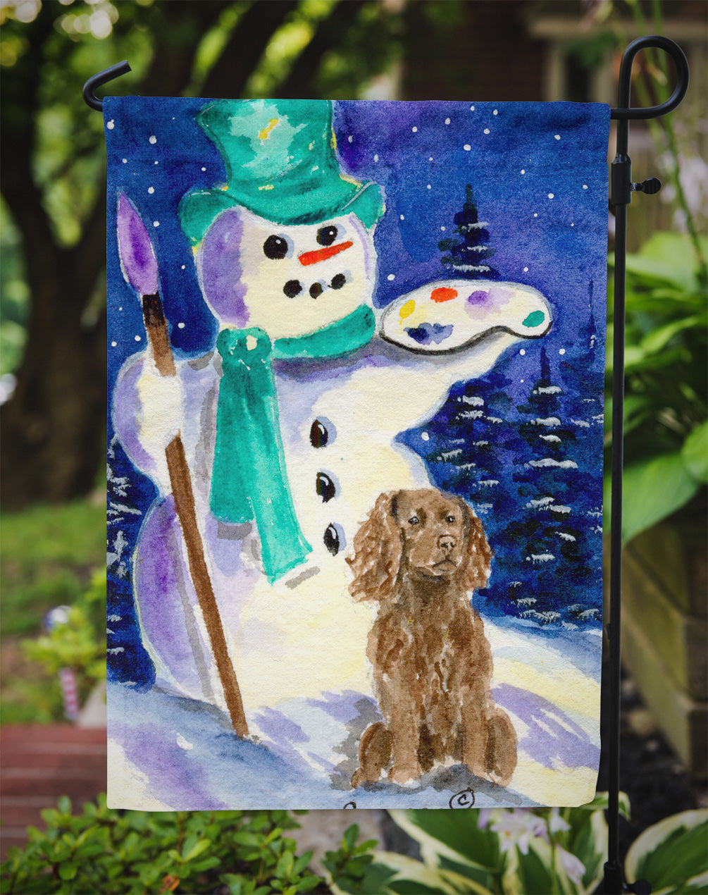 Artist Snowman with Boykin Spaniel Garden Flag – Decorative Outdoor Yard Flag