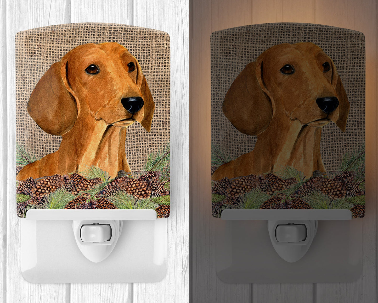 Dachshund on Faux Burlap with Pine Cones Ceramic Night Light SS4078CNL