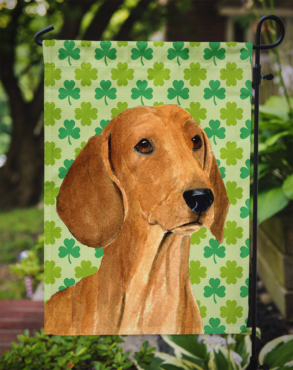 Dachshund St. Patrick's Day Shamrock Portrait Garden Flag – Decorative Outdoor Yard Flag