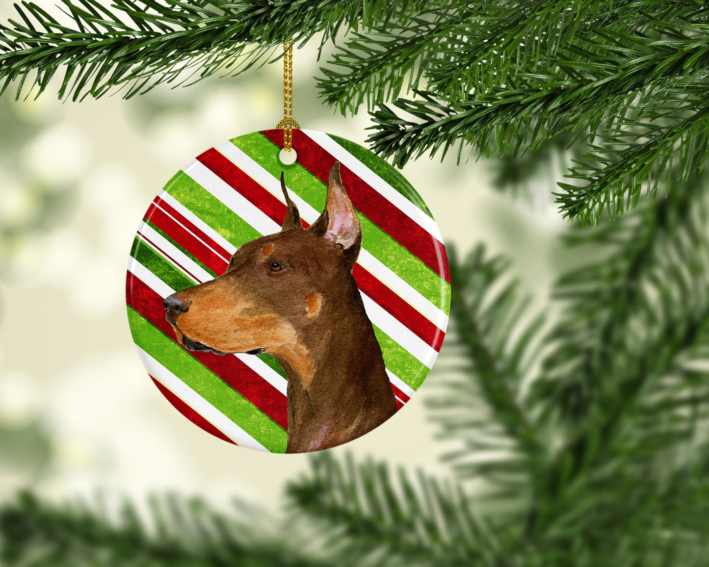 Doberman Candy Cane Holiday Christmas Ornament - Round Ceramic Ornament – Artist-Designed Keepsake Decoration SS4537