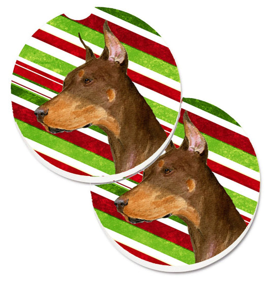 Doberman Candy Cane Holiday Christmas Car Coasters – Set of 2 - Absorbent Stone with Fun & Functional Artwork SS4537CARC