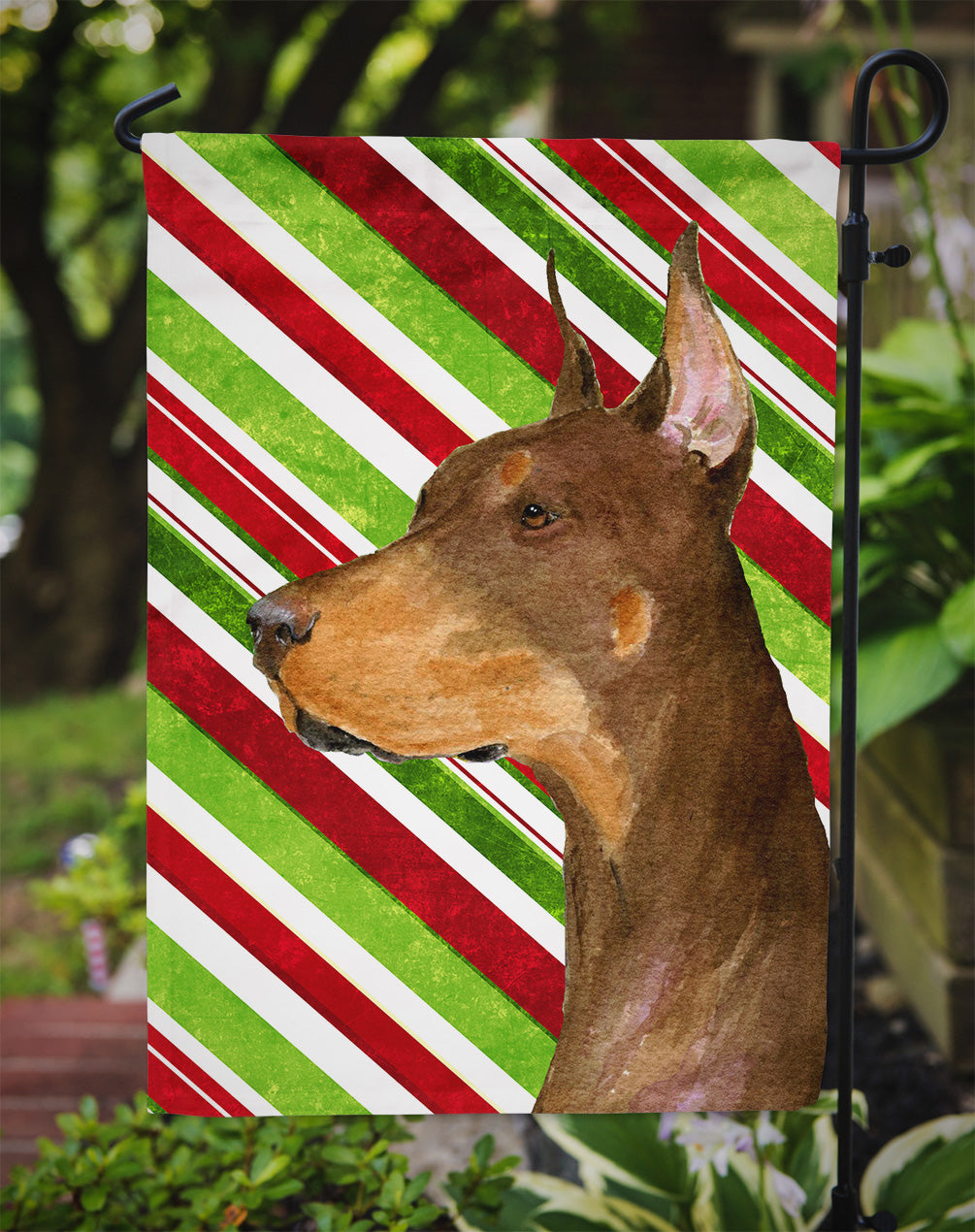 Doberman Candy Cane Holiday Christmas Garden Flag – Decorative Outdoor Yard Flag