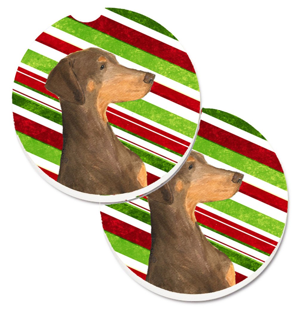 Doberman Candy Cane Holiday Christmas Car Coasters – Set of 2 - Absorbent Stone with Fun & Functional Artwork SS4548CARC