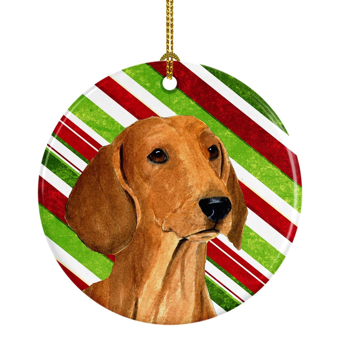 Dachshund Candy Cane Holiday Christmas Ornament - Round Ceramic Ornament – Artist-Designed Keepsake Decoration SS4556