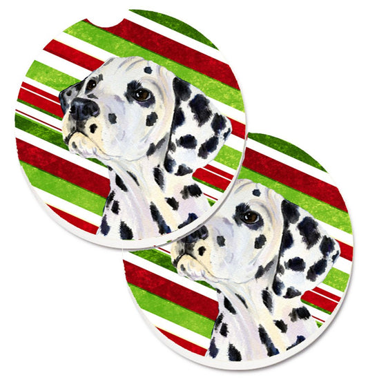 Dalmatian Candy Cane Holiday Christmas Car Coasters – Set of 2 - Absorbent Stone with Fun & Functional Artwork SS4561CARC
