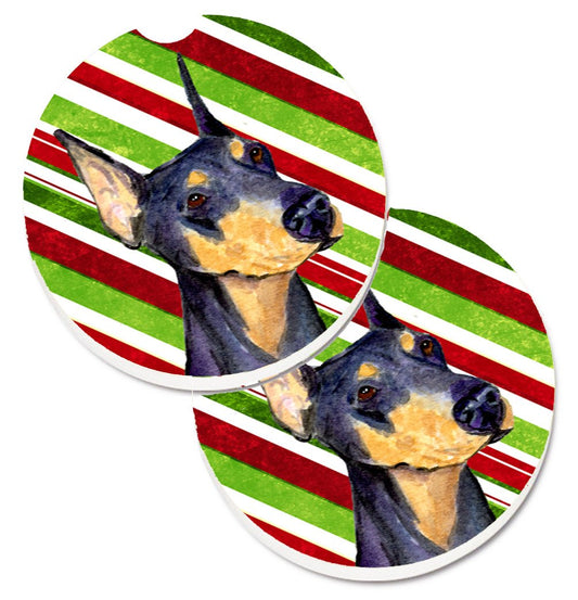 Doberman Candy Cane Holiday Christmas Car Coasters – Set of 2 - Absorbent Stone with Fun & Functional Artwork SS4564CARC