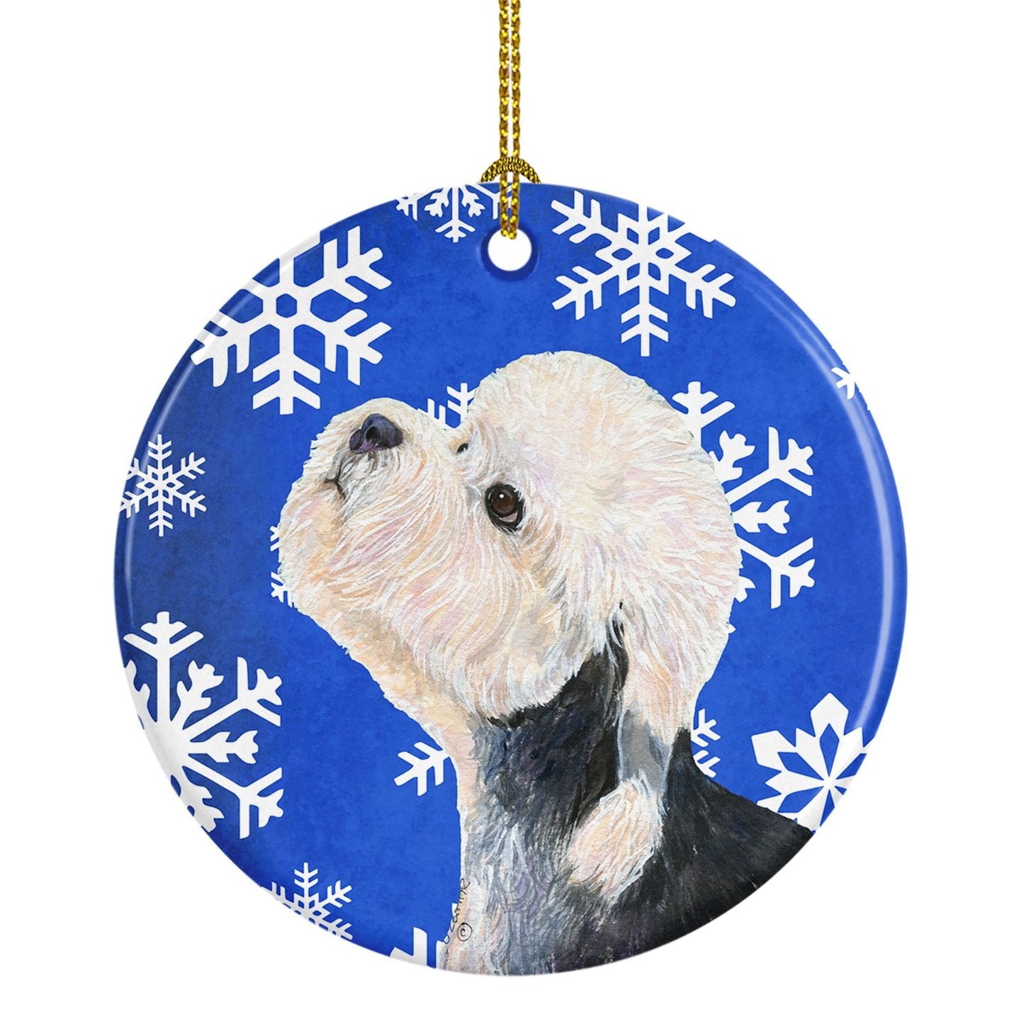 Dandie Dinmont Terrier Winter Snowflakes Holiday Christmas Ornament - Round Ceramic Ornament – Artist-Designed Keepsake Decoration