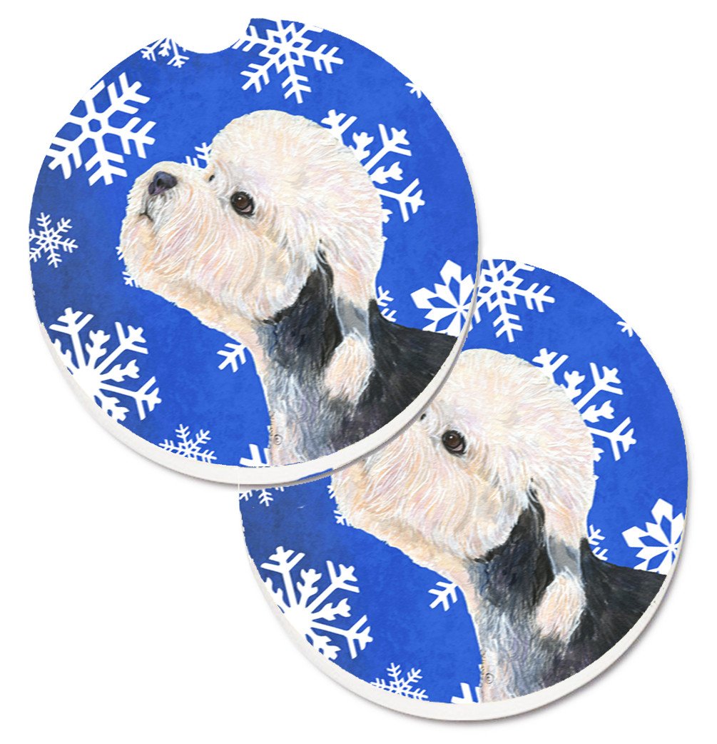 Dandie Dinmont Terrier Winter Snowflakes Holiday Car Coasters – Set of 2 - Absorbent Stone with Fun & Functional Artwork SS4641CARC