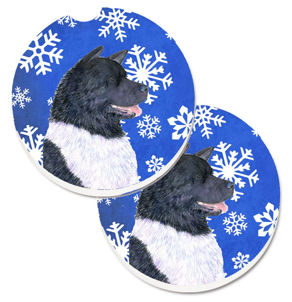 Akita Winter Snowflakes Holiday Car Coasters – Set of 2 - Absorbent Stone with Fun & Functional Artwork SS4659CARC