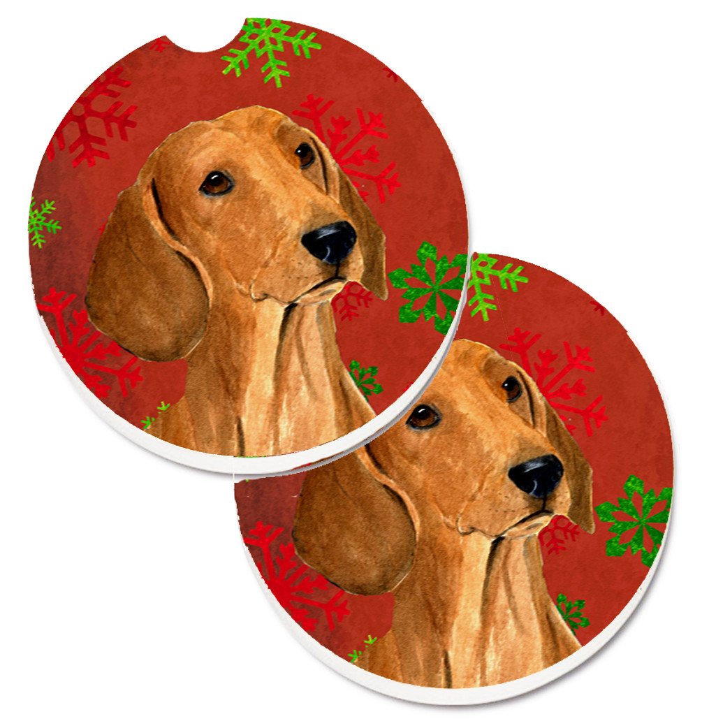 Dachshund Red and Green Snowflakes Holiday Christmas Car Coasters – Set of 2 - Absorbent Stone with Fun & Functional Artwork SS4694CARC