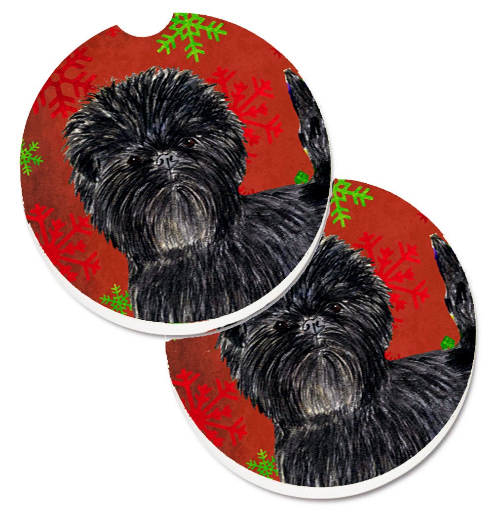 Affenpinscher Red Green Snowflakes Christmas Car Coasters – Set of 2 - Absorbent Stone with Fun & Functional Artwork SS4718CARC