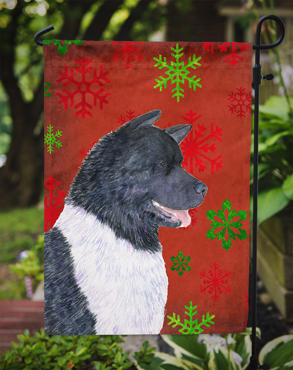 Akita Red and Green Snowflakes Holiday Christmas Garden Flag – Decorative Outdoor Yard Flag