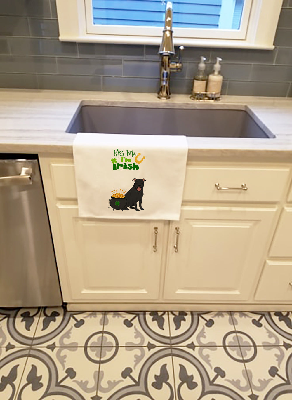 Black Pit Bull Terrier St. Patrick's Day White Kitchen Towel Set of 2 Dish Towels