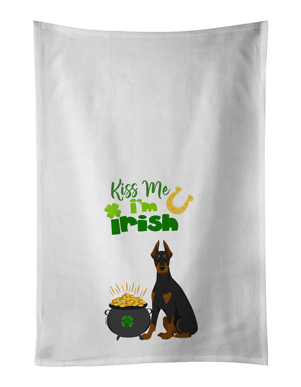 Black and Tan Doberman Pinscher St. Patrick's Day White Kitchen Towel Set of 2 Dish Towels