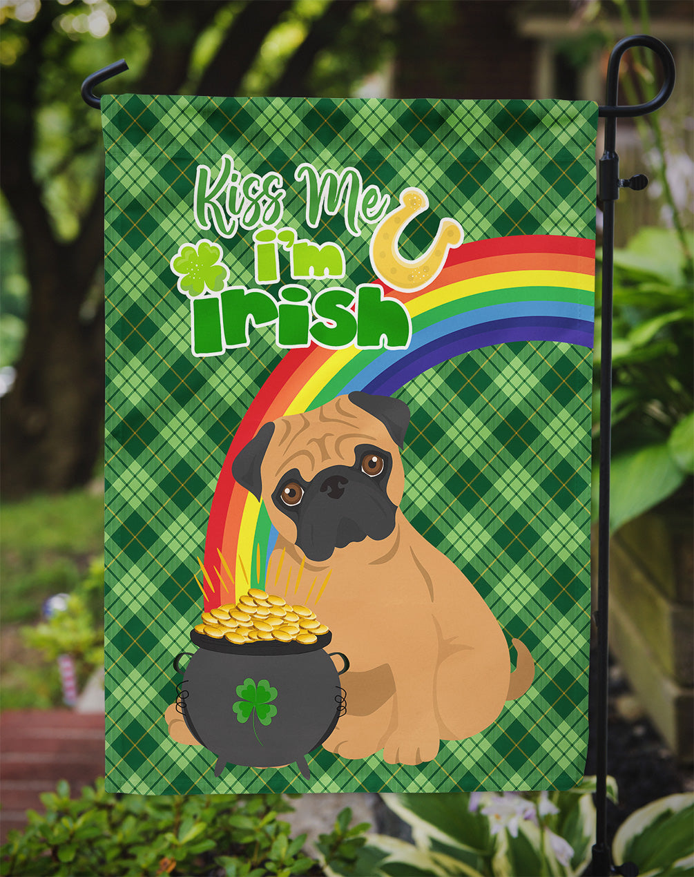 Apricot Pug St. Patrick's Garden Flag – "Kiss Me I’m Irish" with Pot of Gold & Rainbow