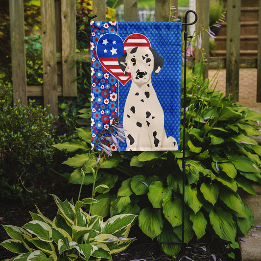 Dalmatian Patriotic Heart Garden Flag – Red, White & Blue Dog Decor with Star Background