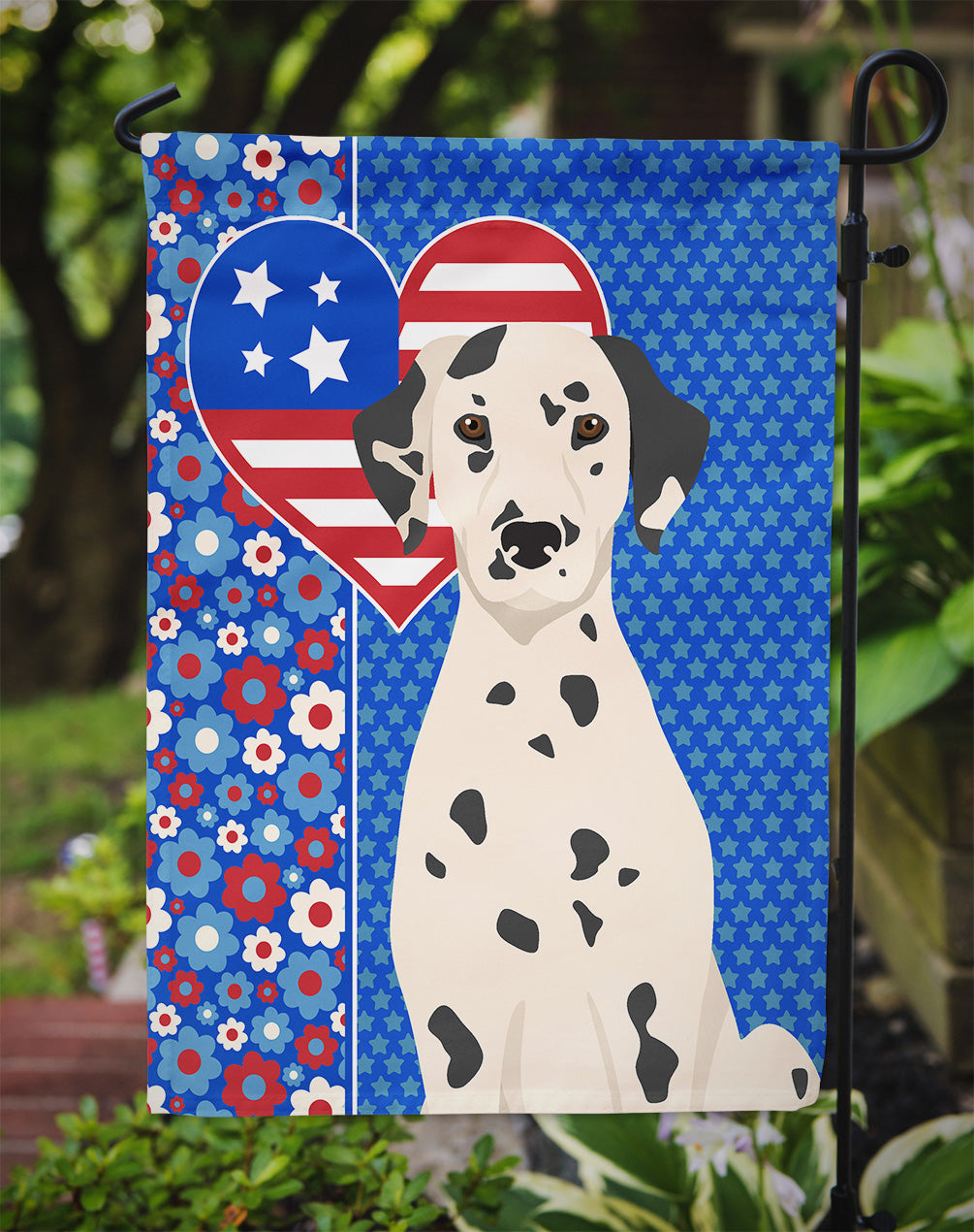 Dalmatian Patriotic Heart Garden Flag – Red, White & Blue Dog Decor with Star Background