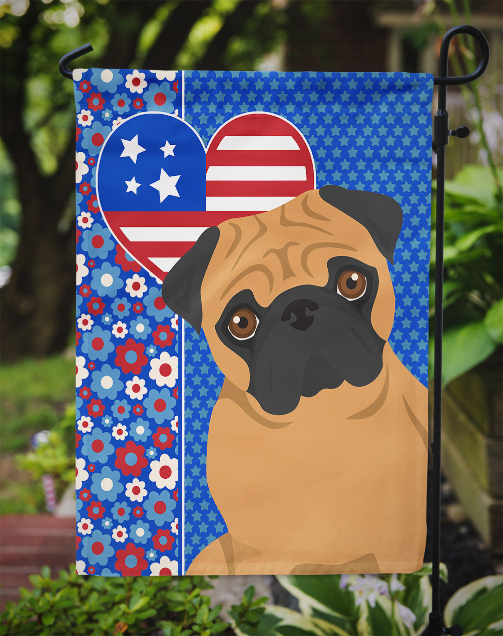 Apricot Pug Patriotic Heart Garden Flag – Red, White & Blue Dog Decor with Star Background