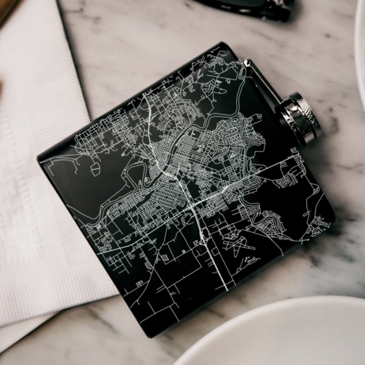 Monroe - Louisiana Engraved Map Hip Flask in Matte Black