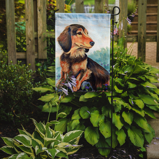 Dachshund chocolate and tan Long Haired Garden Flag – Decorative Outdoor Yard Flag