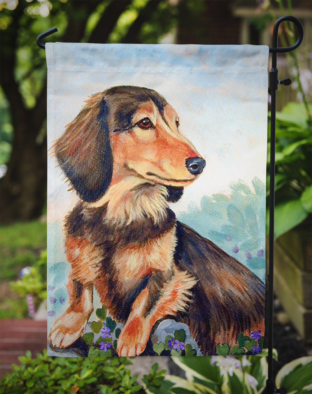 Dachshund chocolate and tan Long Haired Garden Flag – Decorative Outdoor Yard Flag